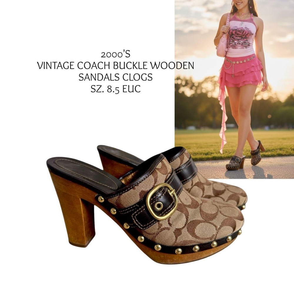2000's VINTAGE COACH SIGNATURE C STUDDED WOODEN‎ MULE CLOG 8.5 EUC